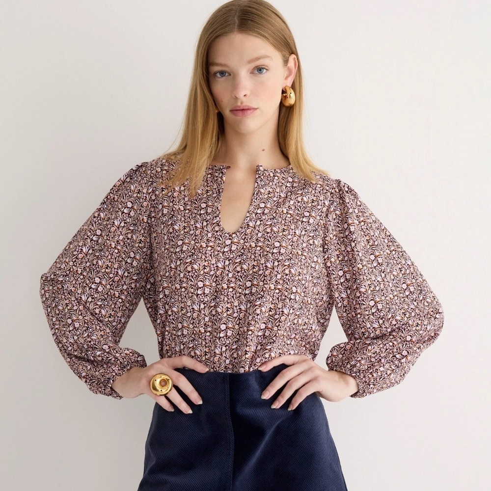 J Crew Puff Sleeve Satin Back Crepe Top Large In Floral Flourish Keyhole Neck
